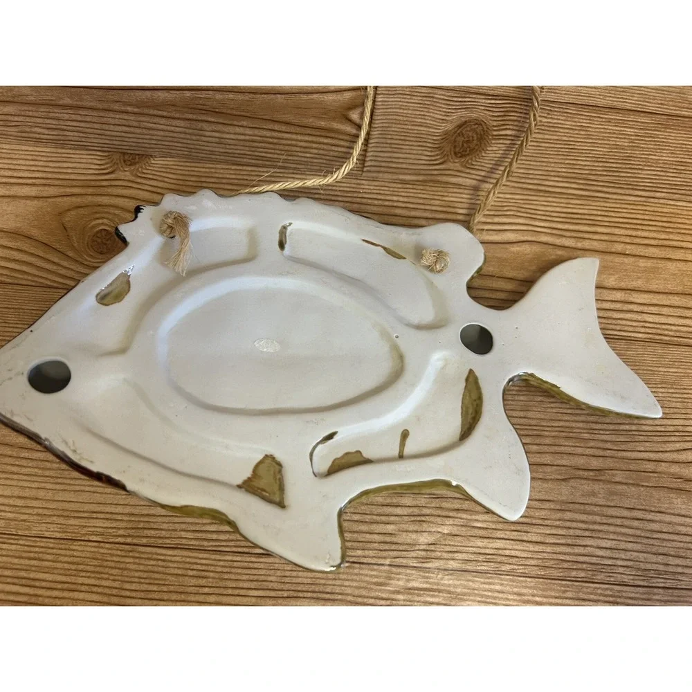 Ceramic Glazed Fish Wall Hanging Beige Brown Blue Polka Dots 14.5